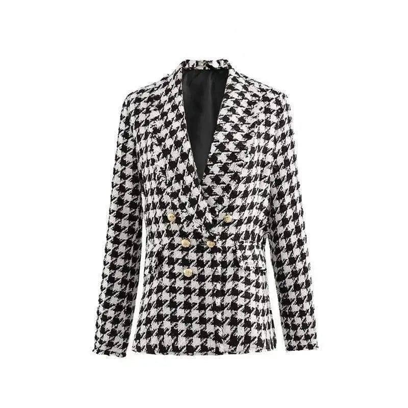 Houndstooth jacket women autumn retro thick plaid jacket-Black white-2