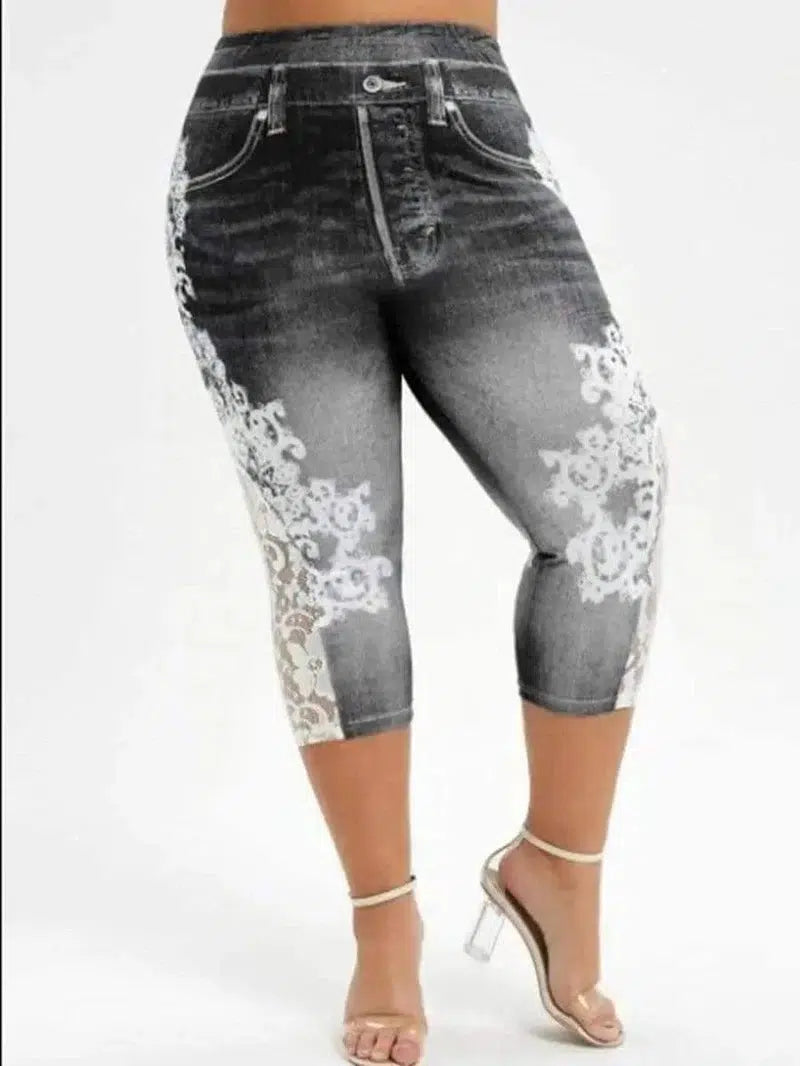 LOVEMI - Lovemi - Imitation Denim Lace Stitching Print Leggings