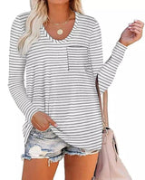 Women's Striped Long Sleeve T-Shirt with Pocket-White-4