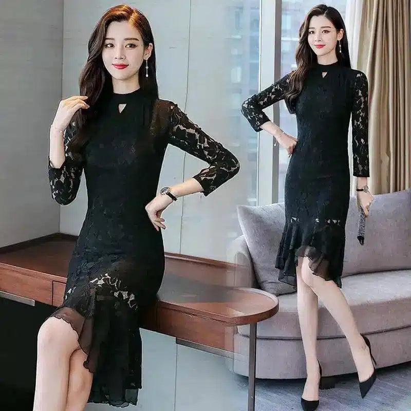 Elegant Lace Midi Dress with Ruffle Hem-Black-2