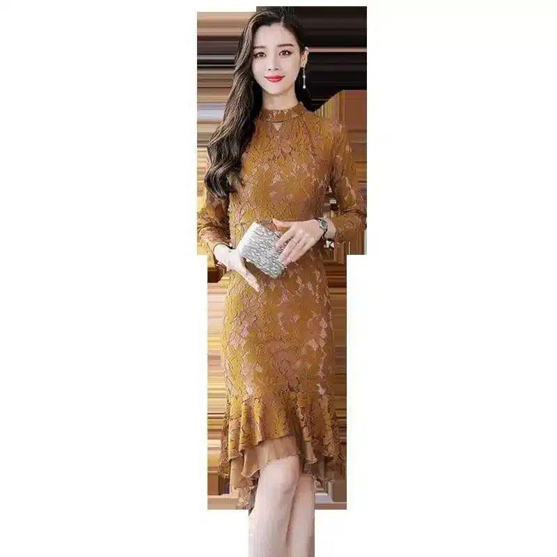 Elegant Lace Midi Dress with Ruffle Hem-Light Brown-4