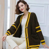 Women's Knit Cardigan with Striped Trim-ArmyGreen-3