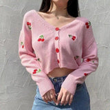 Cherry Embroidered Crop Cardigan with Button-Up Front-Pink-3