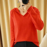 Women's V-Neck Hooded Casual Sweater-Orange-1