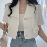 Woman's Short-Sleeve Linen Blazer with Pockets-Offwhite-2