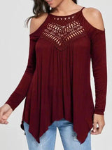 Women's Cold Shoulder Long Sleeve Top-Red-4