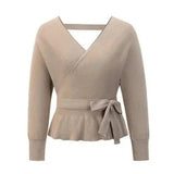 Women's Wrap Front Tie Waist Knit Sweater-Khaki-4