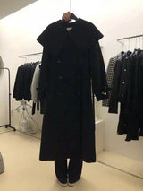 Lapel Double-Breasted Loose Solid Color Long Woolen Coat-Black-3