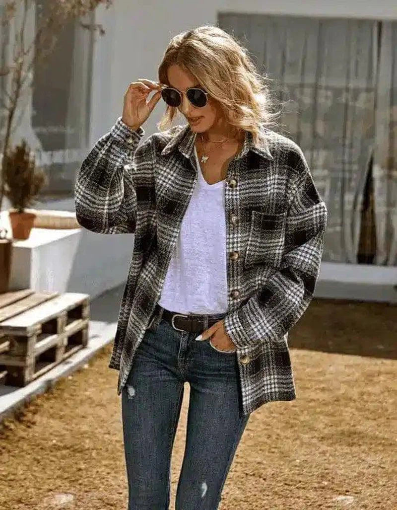 LOVEMI - Lovemi - Lapel Loose Casual Shirt Large Plaid Jacket