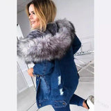 Fluffy Denim Jacket with Faux Fur Hood-Blue-4