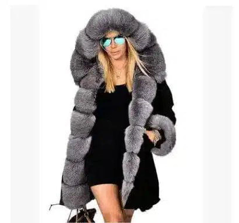 Large fur collar warm coat long hooded coat cotton coat-Gray-4