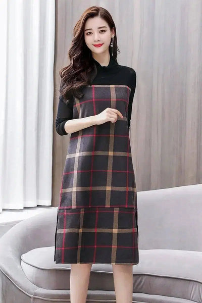 Lattice fashion trend stitching temperament medium-length-Red grid-3