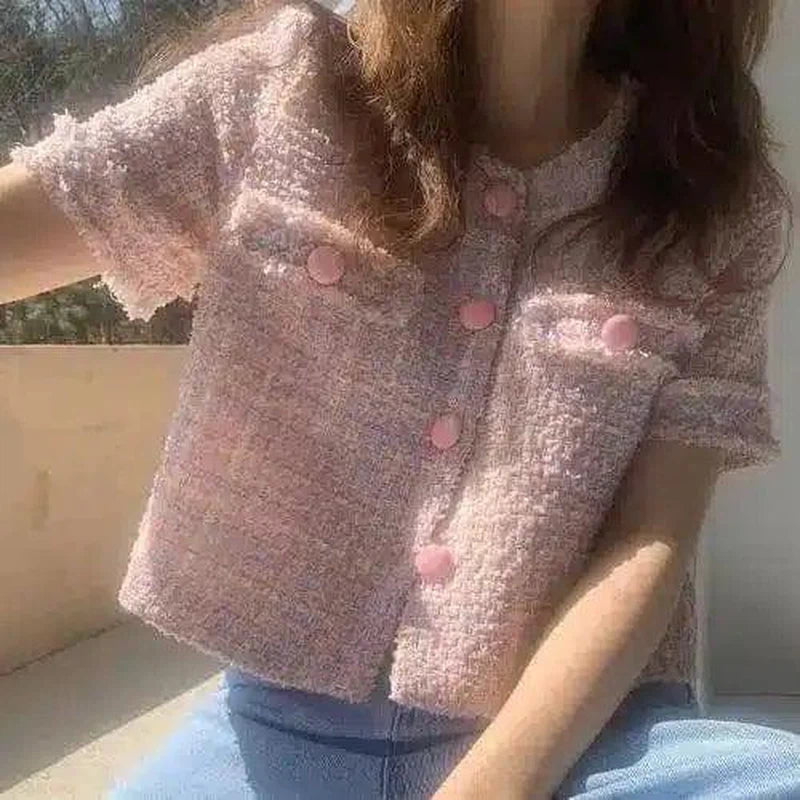 Women's Textured Short Sleeve Button-Up Shirt-Pink-1