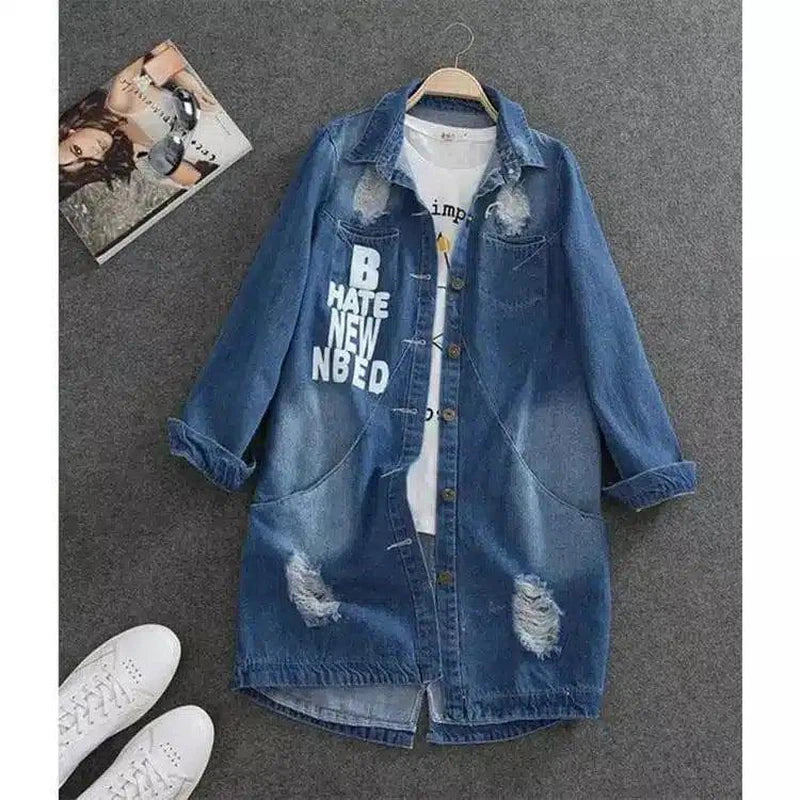 Women's Distressed Long Denim Jacket-Dark Blue-1