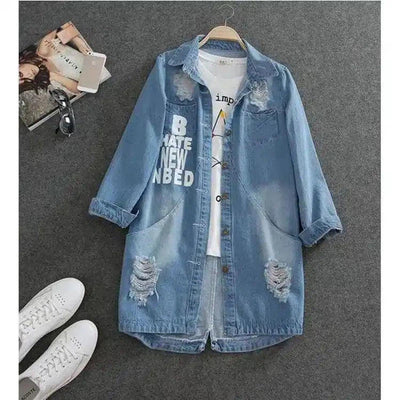 Women's Distressed Long Denim Jacket-Light Blue-2