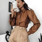 Long Puff Sleeve Turn Down Collar Women Leather Shirt-1