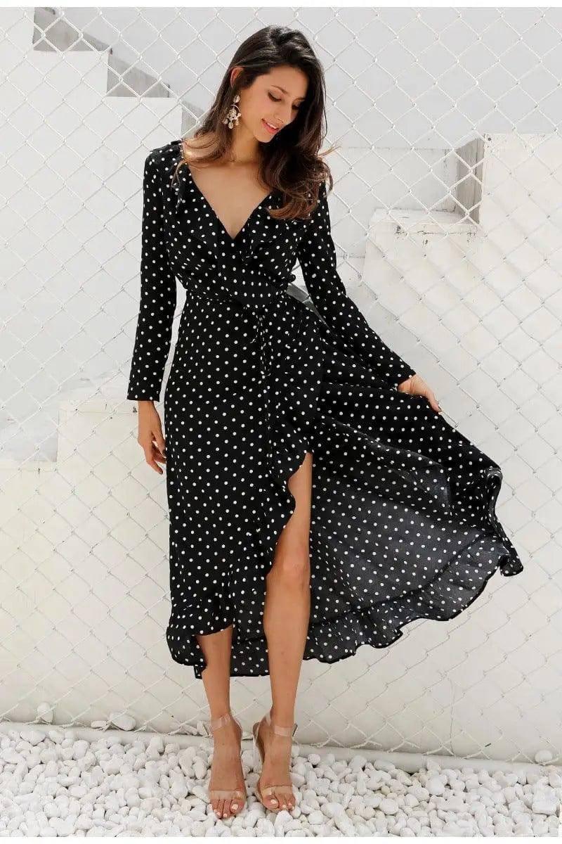 LOVEMI - Lovemi - Long sleeve polka dot ruffled split dress black