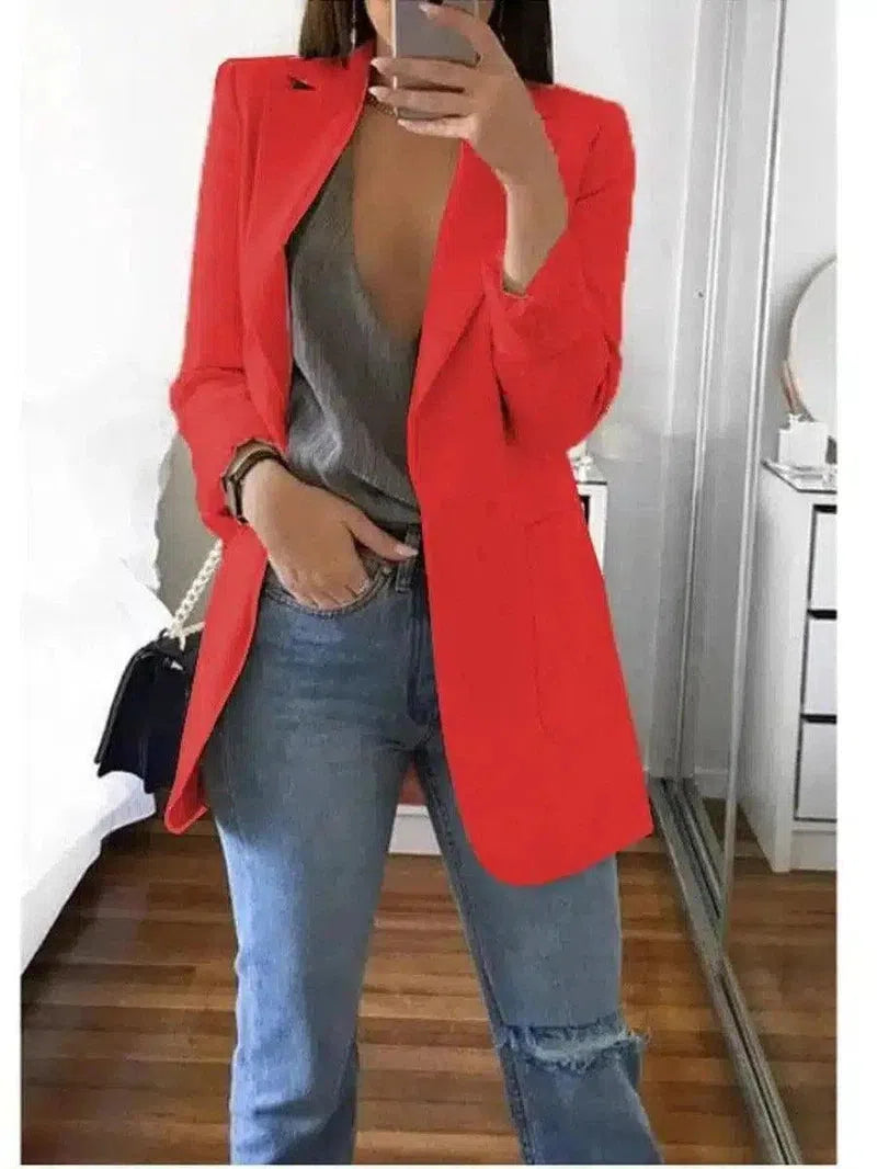 Chic Blazer and Jeans Ensemble for Women-Red-3