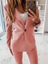 LOVEMI - Lovemi - Long Sleeve Solid Color Collar Button Suit