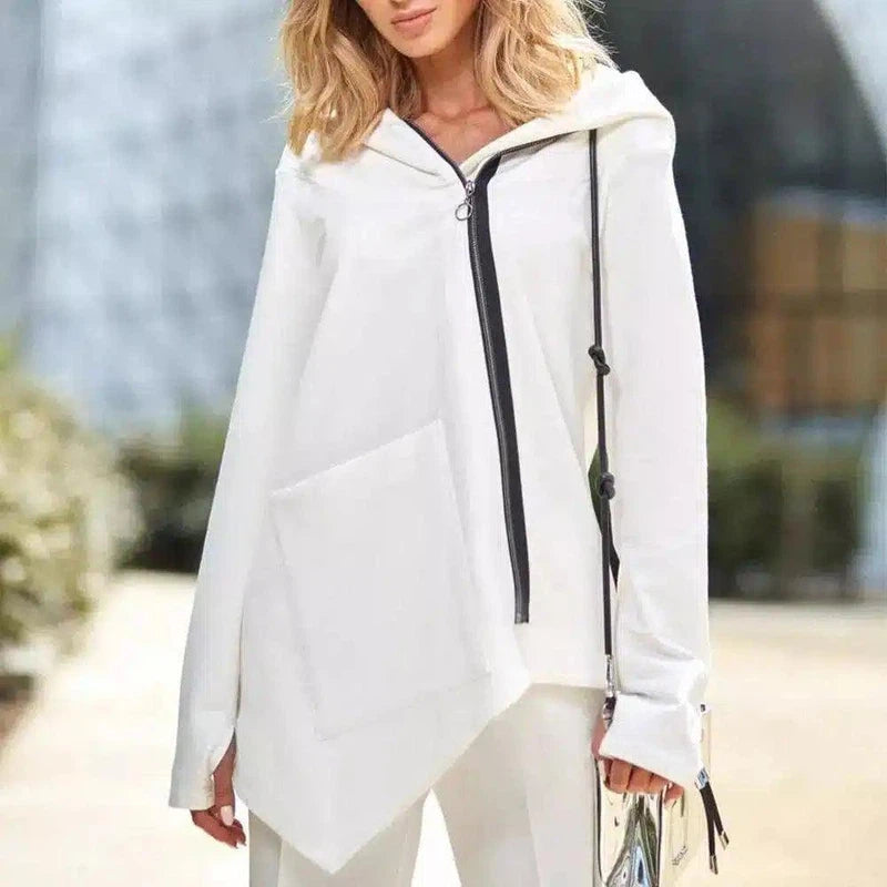 Women's Zippered Asymmetrical Hoodie-White-2