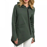 Women's Zippered Asymmetrical Hoodie-Green-5