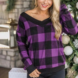 Warm Plaid V-Neck Women's Sweater-Purple-3