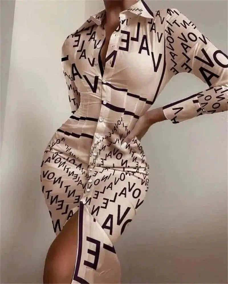 Long-sleeved Waist Printed Shirt Dress-Khaki letters-11