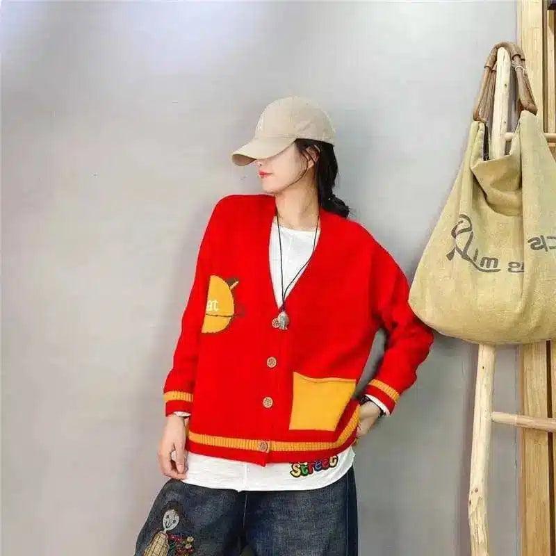 Unisex Casual Cardigan with Patch Accents-Red-2