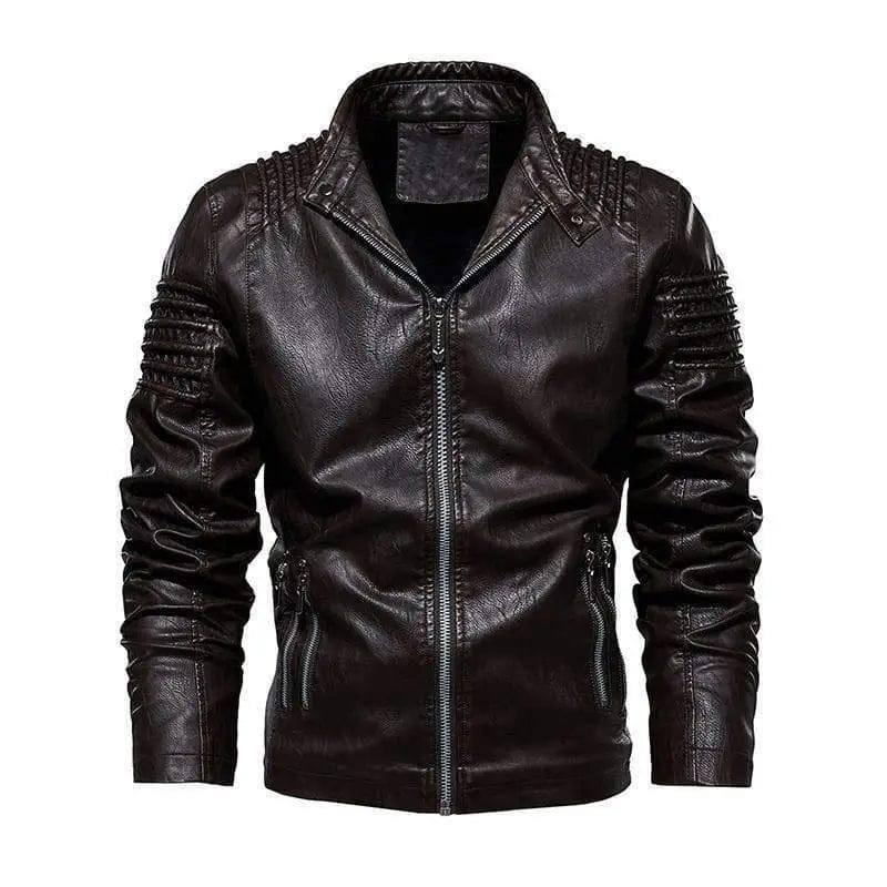 Men Leather Jacket Winter And Autumn Motorcycle PU Warm-Dark Brown-3