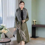 Women's Faux Fur Collar Belted Coat-Green-3