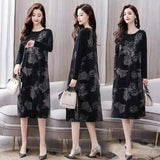 Floral Print Long Sleeve Midi Dress-Black powder flower-1