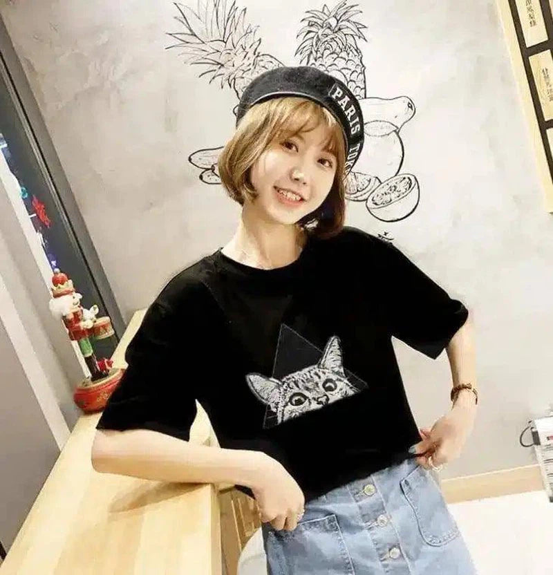 Cat Graphic Pocket T-Shirt Casual Fit-Black-2