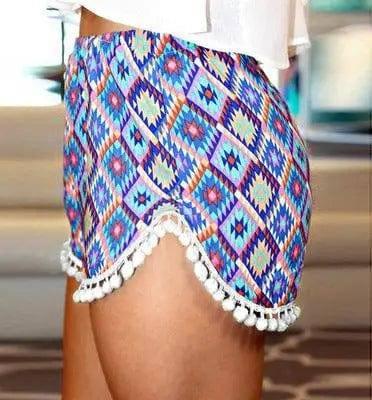 Printed elastic waist shorts beach pants-Blue-13