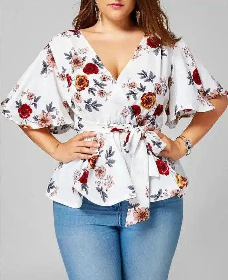 Floral Wrap Blouse with Tie Waist-White-1