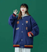 Retro Hong Kong Style Baseball Uniform Women Loose Bf Style-Blue-4