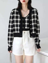 Women's Checkered V-Neck Cardigan with Buttons-1