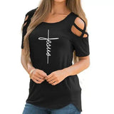 Women's Cut-Out Shoulder Casual Tee-Black-1