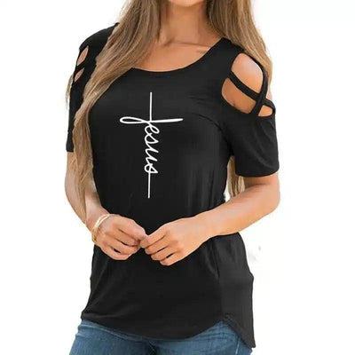 Women's Cut-Out Shoulder Casual Tee-Black-1