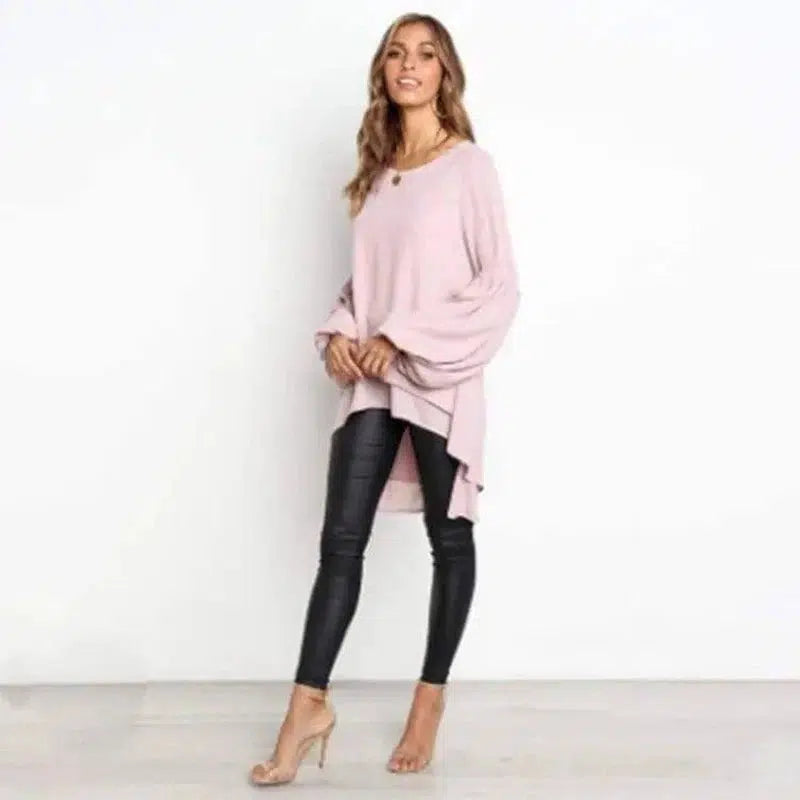 Round Neck Lantern Sleeve Irregular Ladies Top-Pink-3