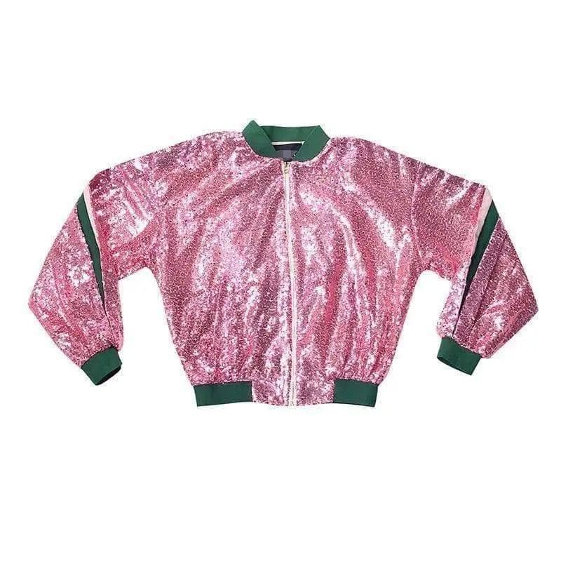 Sequin Zip-Up Casual Bomber Jacket-Pink-1