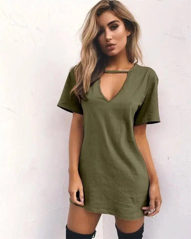 deep V short-sleeved T-shirt loose casual dress-MilitaryGreen-61