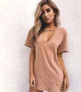 deep V short-sleeved T-shirt loose casual dress-Nudecolor-64