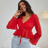 Women's V-Neck Peplum Blouse with Flared Sleeves-Red-2