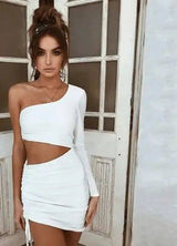 One Shoulder Cutout Long Sleeve Hip Dress-white-21