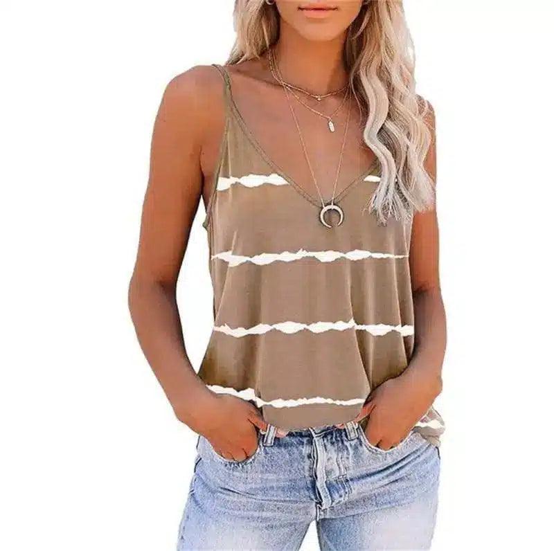 Women's Sleeveless V-Neck Striped Tank Top-Khaki-4