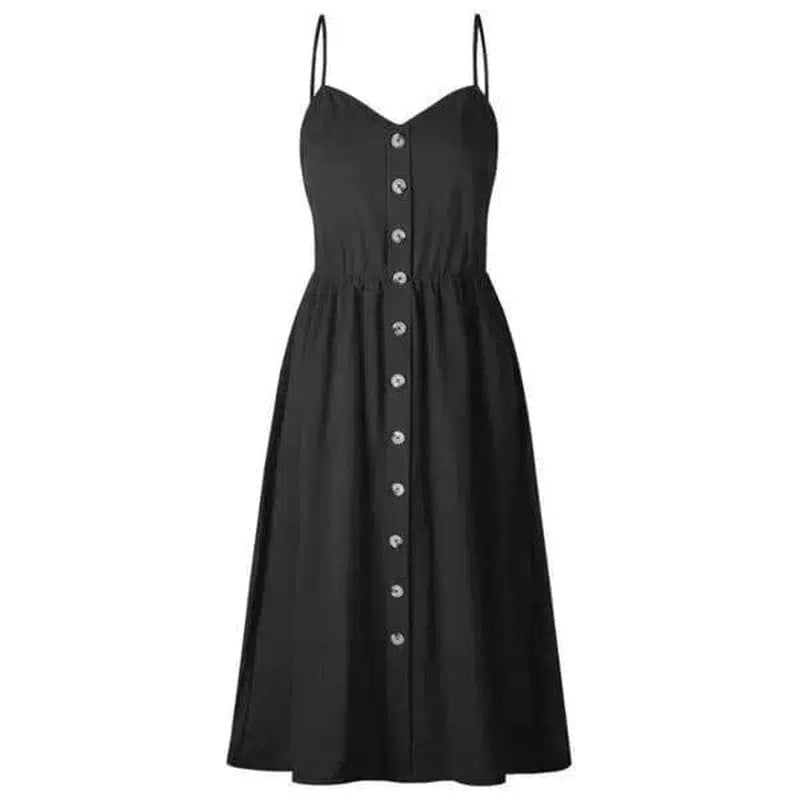 Suspender Button Pocket Halter Dress-Black-20