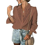 Lace Detail Women's Casual Blouse-Brown-4