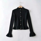 Women's Ribbed Knit Button-Up Cardigan-Black-2