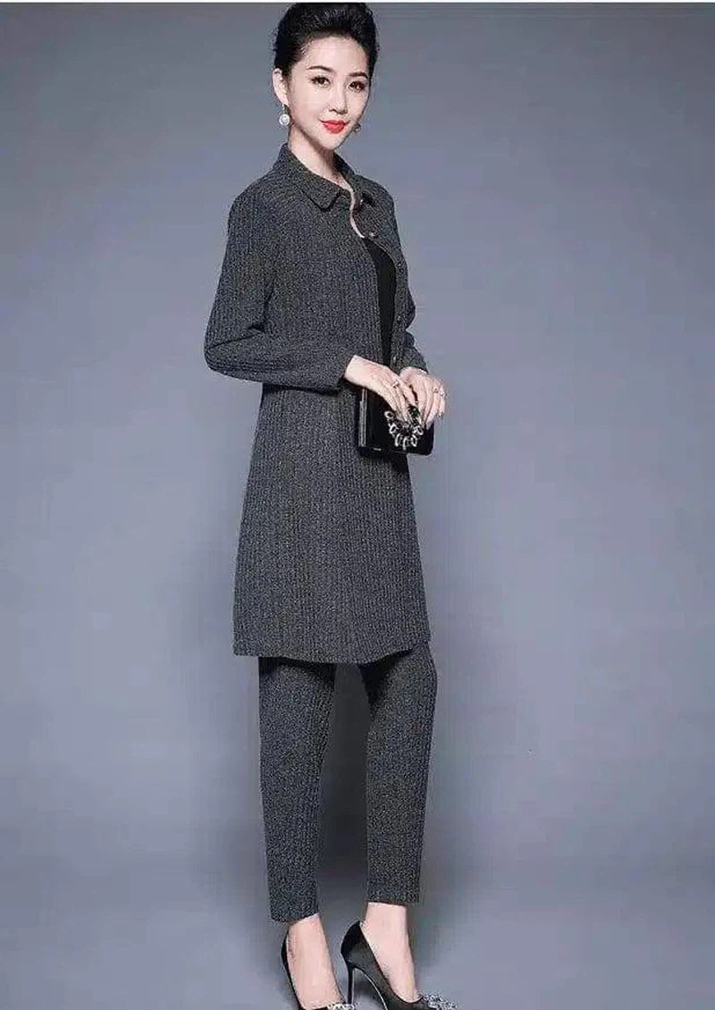 Women's Elegant Textured Pant Suit Set-Dark Green-3