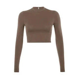 Fitted Long-Sleeve Crop Top for Women-Khaki-4